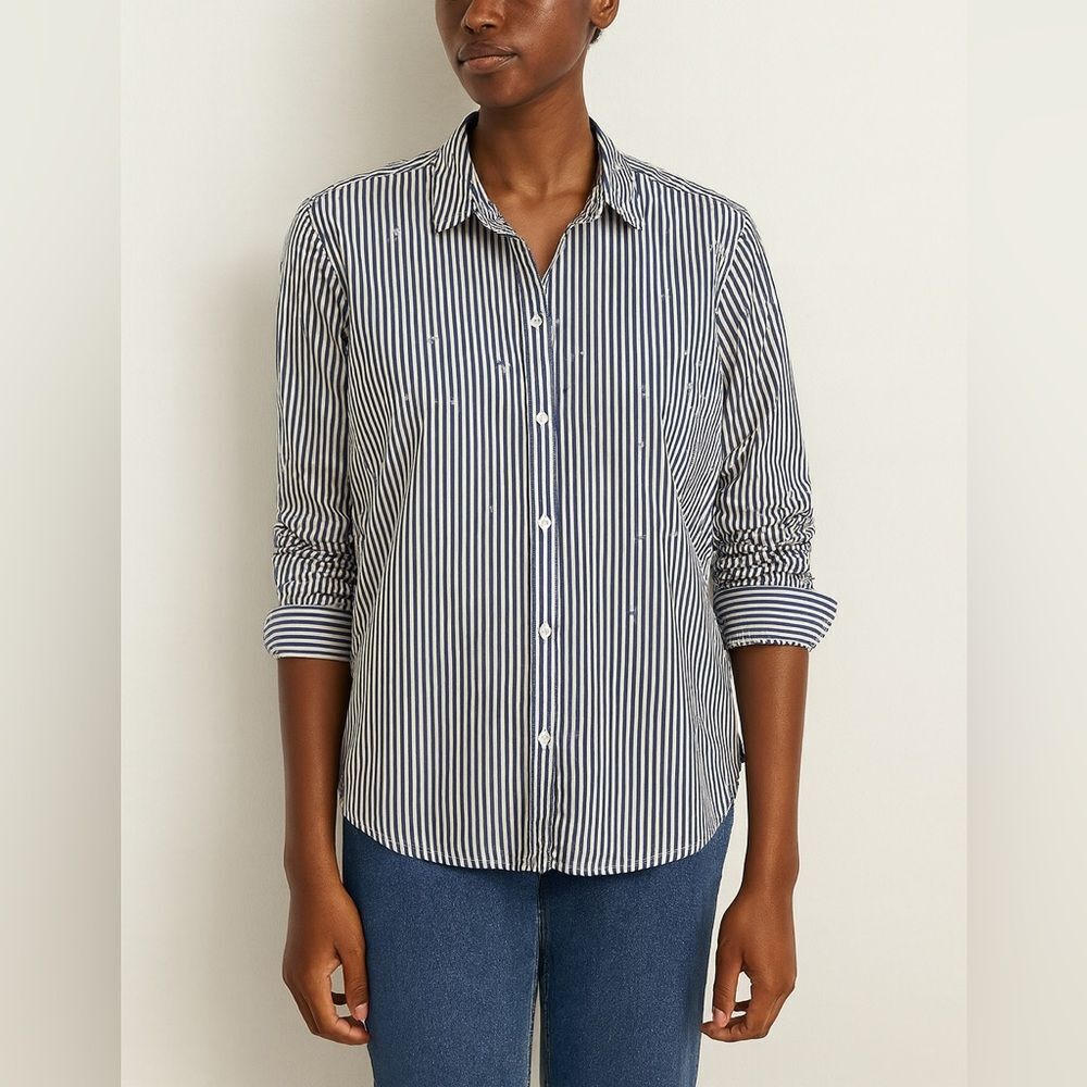 BeachLunchLounge Blue White Striped Beaded Button Down Shirt XL Cotton